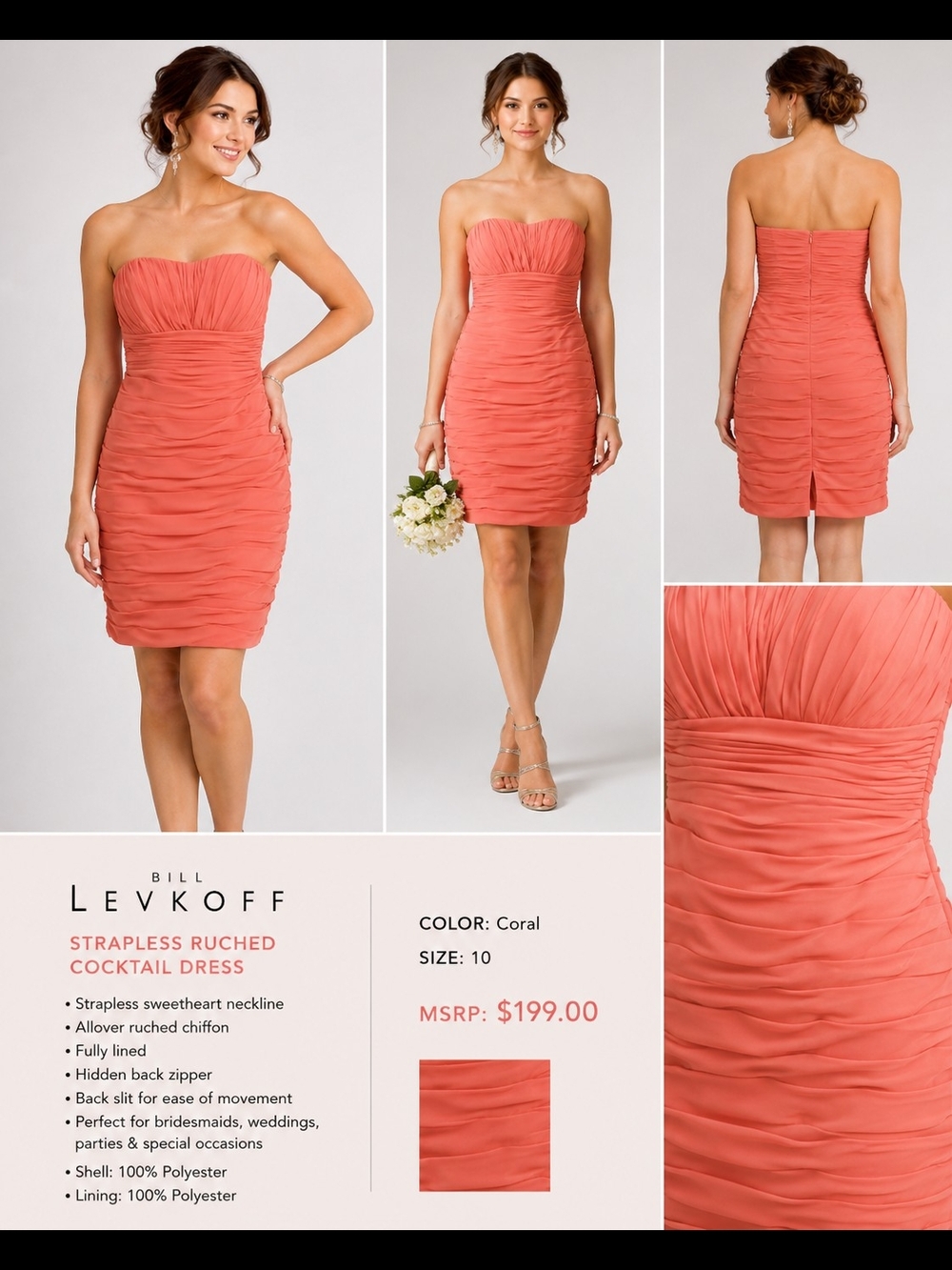 Bill Levkoff Coral Ruched Strapless Cocktail Dress Size 10